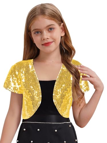 YEAHDOR Kids Flower Girl Shrug Short Sleeve Sequins Bolero Cropped Jacket Open Front Cardigan Formal Dress Cover up3