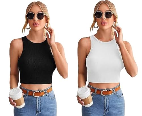 Image of ARO.Women's & Girls' Sleeveless Round Neck Solid Ribbed Crop Tank Top