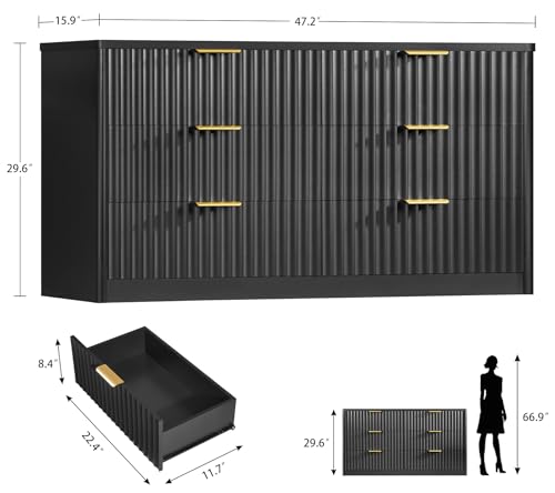 Image of TEENFON Fluted 6 Drawer Dresser for Bedroom, Wide Modern Chest of Drawers with Metal Handle, Curved Profile Design, Wood Closet Clothes Storage Organizer for Bedroom, Living Room, Hallway, Black