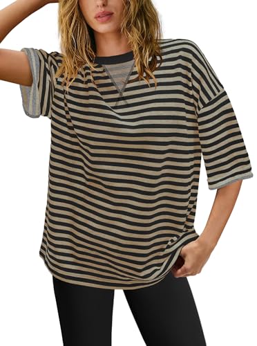Panadila Womens Striped Short Sleeve Tunic Tops Oversized Crewneck T Shirt Casual Loose Fit Color Block Sweatshirt3