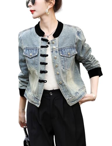 Kwoki Womens Cropped Denim Jacket Casual Long Sleeve Baseball Collar Bomber Jackets Patchwork Short Jean Coat