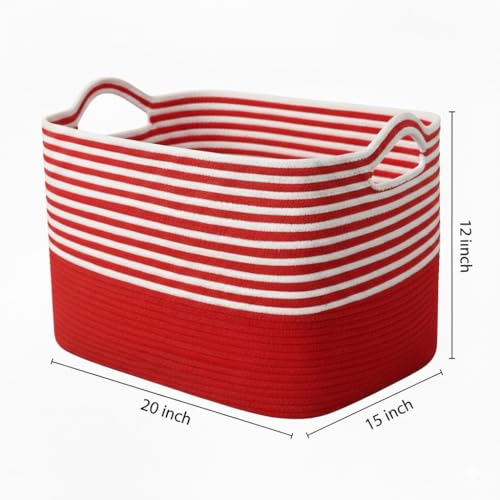 Image of Large Storage Basket, Woven Blanket Basket, Toy Basket with Handle, Laundry Hamper for Living Room, Nursery, Bedroom- 20x15x12 (LXWXH) (red mix)