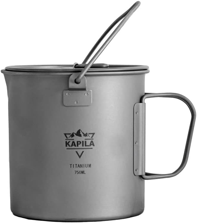 KAPILA 750ml Titanium Cup/Pot Lightweight Backpacking Camping Mug Foldable Handle Titanium Pot with Lid Camping Hiking Picnic Open Fire Cooking (750ML)