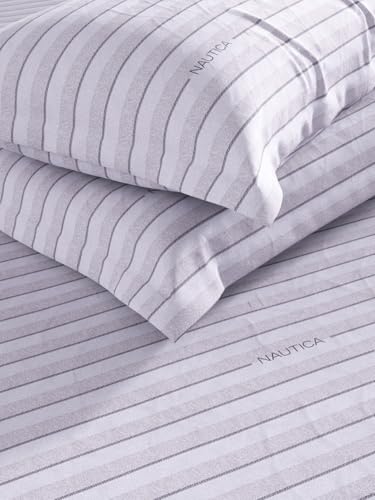 Image of NAUTICA Super Soft 100% Cotton King Bedsheet with 2 Pillow Covers -3pc Set (Bradford) | 160TC | Super Soft Touch Stripe-Grey /Blue