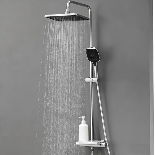 Auralum Duschsystem mit Thermostat und Glasablage Duscharmatur Komplettset mit 12 Zoll Regendusche Kopfbrause 3 Strahlarten Duschkopf Wassersparend Höhenverstellbare Duschstange Eckig Chrom