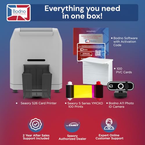 Image of Bodno Seaory S26 Single Sided ID Card Printer & Complete Supplies Package ID Software and Camera - Gold Edition