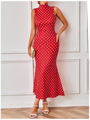 Image of Milumia Women's Polka Dots Maxi Tank Dress Vintage Mock Neck Sleeveless Elegant Long Dresses