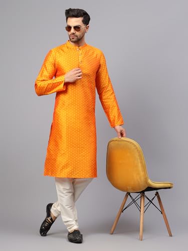 Image of LATEST CHIKAN Men's Silk Chikankari Kurta with Cream Churidar | Festive Set - KP Silk BANARSI