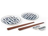 H&H Set Sushi 8 Pezzi, Tsubaki in Porcellana Decorata â 2 Piattini 15 cm + 2 Coppie Bacchette in Legno + 2 Appoggia Bacchette, Idoneo per Lavastoviglie e Microonde