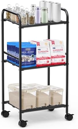 3 Tier Rolling Cart with Wheels, Detachable Utility Storage Cart with Handle and Lockable Casters, Storage Basket Organizer Shelves, Easy Assemble for Bathroom, Kitchen (Black, 3 Tier)