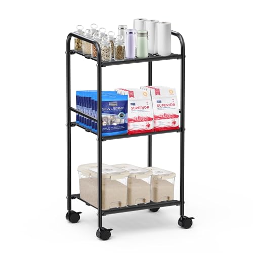 HOMYHANDS 3 Tier Rolling Cart with Wheels, Detachable Utility Storage Cart with Handle and Lockable Casters, Storage Basket Organizer Shelves, Easy Assemble for Bathroom, Kitchen (Black, 3 Tier)