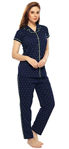 Image of ZEYO Women's Cotton Tringle Printed Navy Blue Night Suit Set of Shirt & Pyjama 5054 (Available in Plus Size)