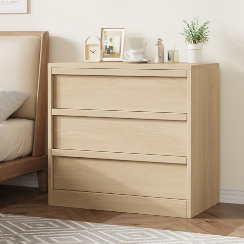 GarveeHome 3 Drawer Dresser for Bedroom, Natural Oak Nightstand 3 Chest of Drawers with Large Storage, Small Modern Dresser Organizer Bedside Table for Living Room, Nursery, Entryway