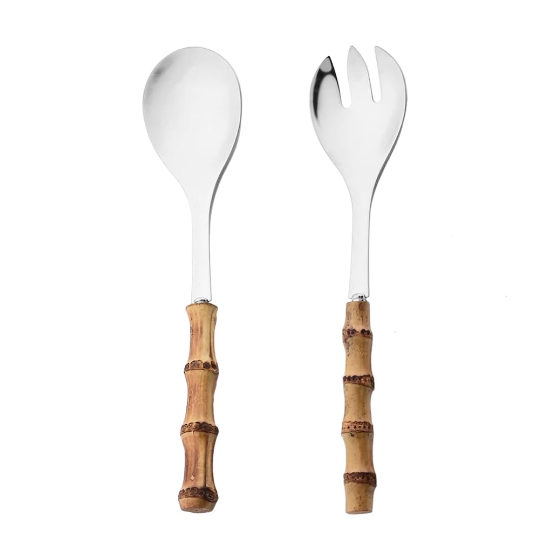 Ensemble cuillère et fourchette manche bambou et ustensiles cuisine inox