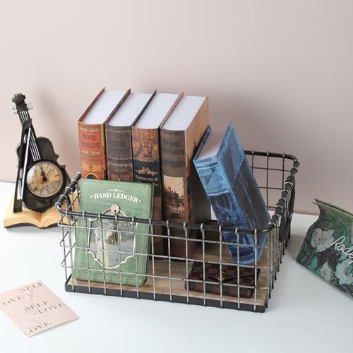 16" Wide Rectangular Sturdy Hand Welded Farmhouse Metal Wire Basket with Rustic Wooden Bottom For Shelves, Closet Storage Bins for Shelves. Also For Laundry, Towel, Spice Rack, Tool Box (16"x12") by Generic - Image 3