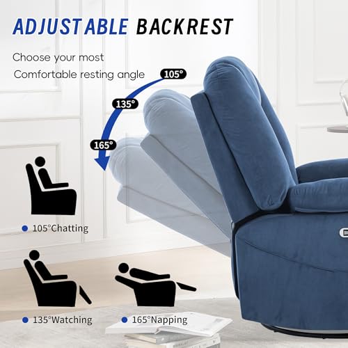 Image of Power Swivel Rocker Recliner Chair for Adults, Electric Rocking Recliner with Massage and Heat for Living Room Bedroom, Fabric Reclining Sofa Chair with USB and Type-C Ports,Navy Blue