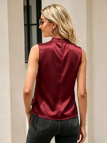 Image of Funlingo Women's Silk Satin Tank Tops Mock Neck Camisole Dressy Sleeveless Blouse Business Casual Pleated Summer Shirts 2026