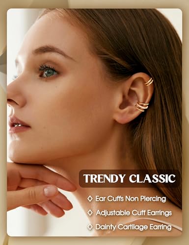 LOLIAS 4 Pairs Ear Cuffs Non Piercing - 14K Gold Plated Ear Cuff Earrings for Women Ear Cuff for Non Pierced Ears Clip on Cartilage Earring Adjustable Fake Earrings Set2