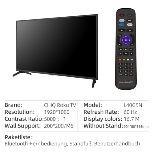 CHIQ L40G5NV 40-Zoll Roku TV, FHD Smart-TV-Gerät, HDR10, DVB-T2/T/C/S/S2,Unterstützt Apple Air-Play, Sprachassistent, Apple TV+, Prime Video, USB2.0, Works with Alexa, Neu – Bild 6