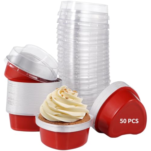 Kronabelle Paquete de 50 mini moldes para tartas en forma de corazón con tapas, 100 ml, moldes de aluminio reutilizables para San Valentín, Día de la Madre, bodas, cumpleaños