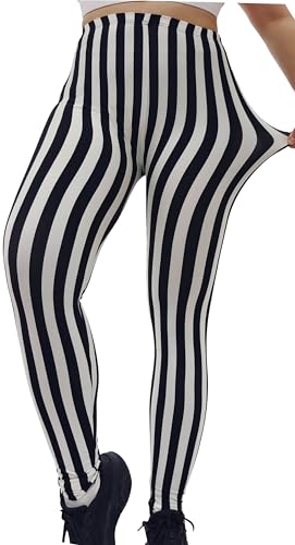 Fashion Pattern Print Leggings for Women Cozy Beautiful Soft Printed Workout Legging Pants Leopard/paw/Love Legging Pants (BlackWhiteStripes)