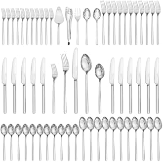 KINGSTONE Silverware Set With Serving Utensils, 65 Piece Flatware for 12, 18/10 Cutlery With 5 Piece Serving Utensil Set - Modern and Original Design, Dishwasher Safe