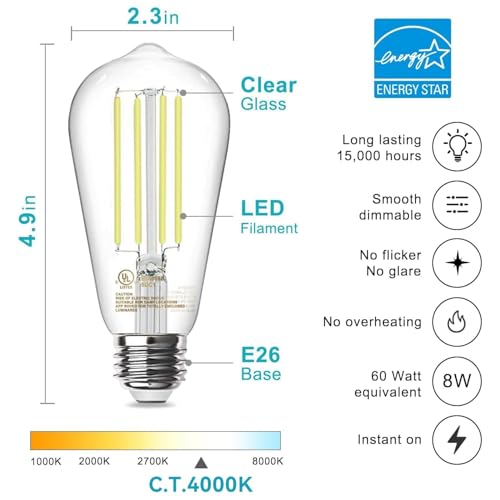 Image of TJOY 4 Pack E26 Base Vintage LED Edison Light Bulbs, 60W Equivalent Dimmable, 4000K Natural White, 8W ST58 LED Filament Bulbs, 800Lumens, CRI80+, Antique Glass Style for Home, Bedroom, Farmhouse