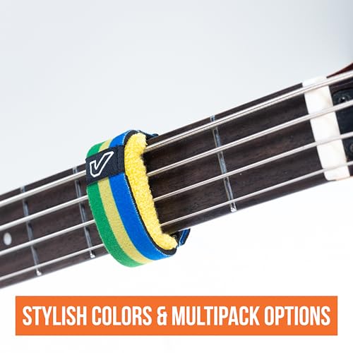 Image of Gruv Gear Fret Wrap & Guitar Mute, Fretwrap for Acoustic, Electric & Bass | String Dampener Recording, Tapping & Practice Accessory (1 Pack, Large Green /Yellow /Blue, Fits 6 String Bass, 8 String