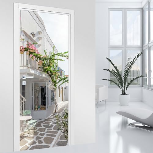 Lumaléa - Stickers pour porte Ruelle Trompe l'oeil - Adhésif MAT - Largeur 63 x Hauteur 205 cm