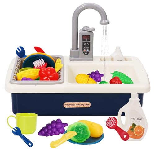 Küchenspüle Spielzeug Set mit Wasserkreislauf Waschbecken Kinder mit Fließendem Wasser Spielküche Kinderküche Zubehör Obst und Gemüse Spielzeug Rollenspiel für Jungen und Mädchen ab 3 Jahre(Blau)