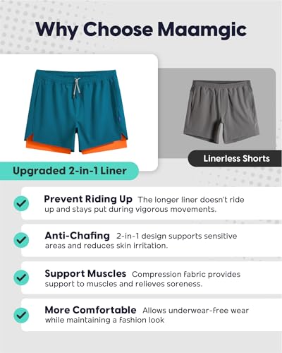 Image of maamgic Mens Workout Shorts 2 in 1 Stretch 5 inch / 7 inch Gym Shorts Running Shorts with Compression Liner Zip Pocket