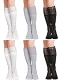 Fourluoo 6 Pairs Women's Lace Socks Lace Thigh High Socks with Trim Lolita Stocking Long over Knee Stocking for Women, Black White, Gray