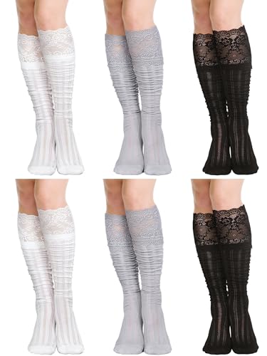 6 Pairs Women's Lace Socks Lace Thigh High Socks with Trim Lolita Stocking Long over Knee Stocking for Women, Black White, Gray