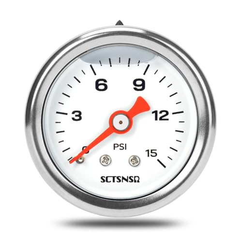 SCTSNSR 0-15 Psi Fuel Pressure Gauge 1.5 Dial Size 1/8 NPT Back Mount Stainless Steel Case Glycerin Liquid Filled Inline Low Pressure Gauge for Oil Water Air Pressure Test