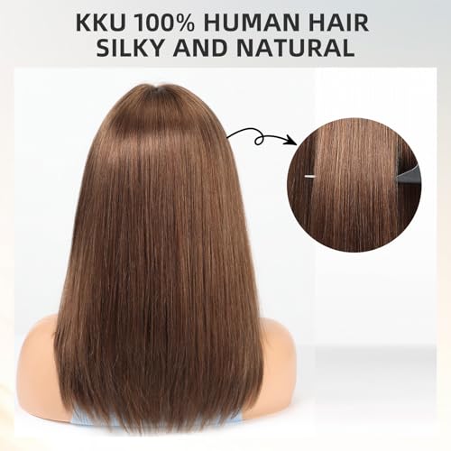 Image of KKU 16 Inch Brown Human Hair Wig,Human Hair Wigs,Human Hair Wig With Bangs, Lady Wigs Human Hair, Real Hair Wigs For Women