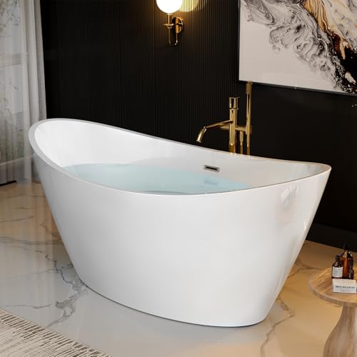 Image of Empava 67 inch Luxury Freestanding Soaking Bathtub - Modern Oval Spa Tub for Deep Relaxation & Master Bathroom Sanctuary, High-Gloss Acrylic with Brushed Nickel Overflow and Drain, cUPC Certified