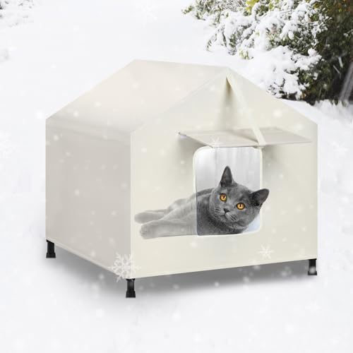 Insulated Outdoor Cat House Weatherproof w/Awning & Safe Escape Door, Waterproof Elevated Bed House Shelter for Outside Feral Stray Barn Community Cat w/Self-Warming Blanket 24