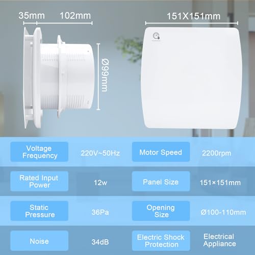 WingFly Bathroom Extractor Fan 100mm with Humidity Sensor and Backflow Flap Timer, Adjustable Run-on Time, 95m³/h - Image 2