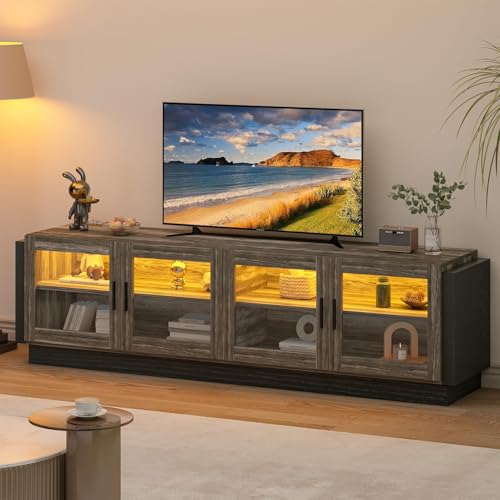 4 EVER WINNER TV Stand with LED Lights and Adjustable Shelf, Large Entertainment Center for 75 Inch TV with Transparent Doors Storage, TV Cabinet for Living Room, Bedroom, Grey