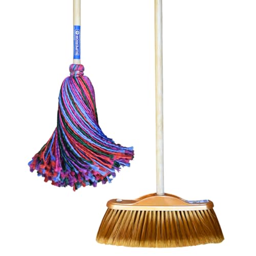 Contenedores, Tools FÉNIXSUPERIOR 1 Trapeador Grande 310 Gramos Hilo de Microfibra Española con Mango Largo de Madera Barnizado + 1 Escoba Golden Cerdas Extrasuaves Ideal para...