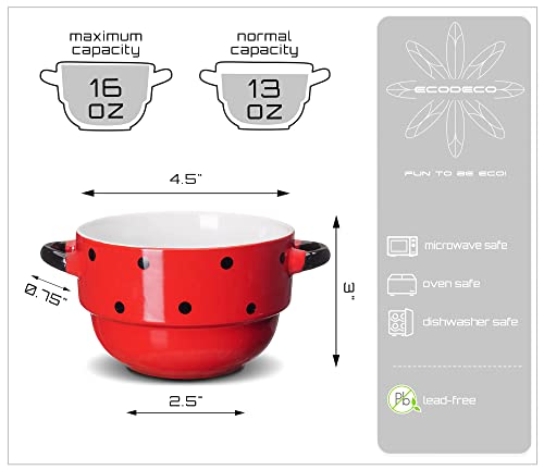 Ecodeco Soup Bowls With Handles - Ceramic - Polka Dot Red - 16 Ounce - Set Of 4 - French Onion Soup Crocks For Oven Baking #TOP1