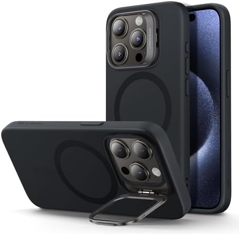 ESR for iPhone 15 Pro Case, MagSafe Silicone Case with Stand, Military-Grade Protection, Built-in Camera Stash Stand, Magnetic Phone Case for iPhone 15 Pro, Cloud Series,Black