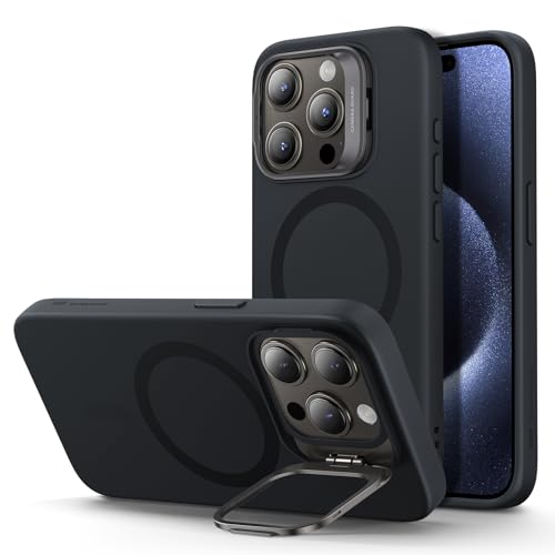 ESR for iPhone 15 Pro Case Silicone Case with Stand, Compatible with MagSafe, Military-Grade Protection, Built-In Camera Stash Stand, Magnetic Phone Case for iPhone 15 Pro, Cloud Series, Black