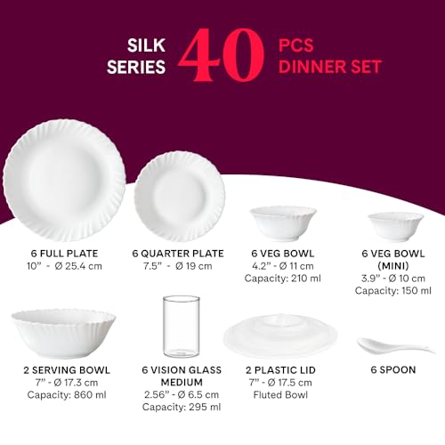 Image of Larah by Borosil Silk Series Stardust Opalware Dinner Set with Vision Glass | 40pcs for Family of 6 | Microwave & Dishwasher Safe | Bone-Ash Free | Crockery for Dining & Gifting | White, Plate & Bowl