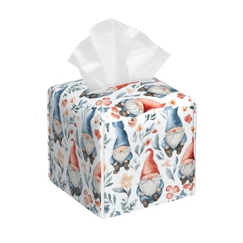 Funda cuadrada de piel con diseño de gnomos y flores, organizador de papel facial decorativo para mesitas de noche, escritorio, baño, cocina, coche, oficina, decoración del hogar