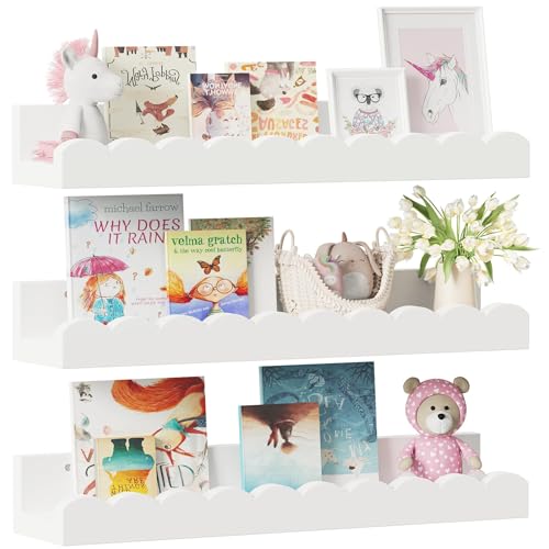 Yirilan 3-Pack Scalloped Shelves Nursery Shelves for Wall Floating Nursery Book Shelves for Kids Wood Wall Mounted Bookshelves White 43cm