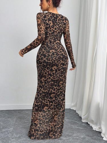 Image of LIGHT DOT Women's Printed Bodycon Maxi Dress Long Sleeve Tie Dye Mesh Ruched Cocktail Dress