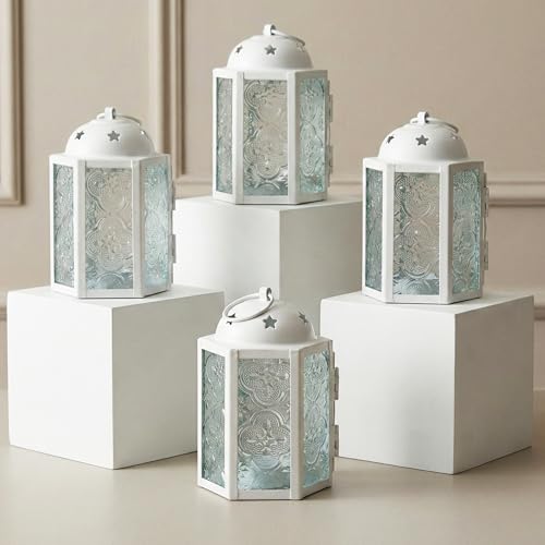 VELA LANTERNS Lot de 4 mini lanternes marocaines pour bougie chauffe-plat - 10,8 cm - Petite lanterne décorative à poser ou à suspendre - Métal avec...