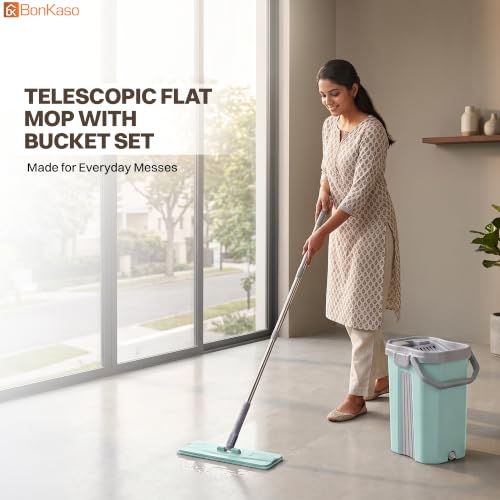 Image of BonKaso Telescopic Flat Mop & Bucket Set with Hands-Free Squeeze System, Microfiber Floor Cleaning Mop for Wet & Dry Cleaning | Includes 2 Reusable Pads for Home, Kitchen, Bathroom & Office | Green