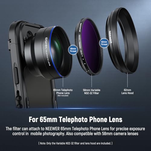 Filtro ND Variable 58mm NEEWER ND2-32 ajustable de 1 a 5 paradas con parasol de 62mm FL-105 2